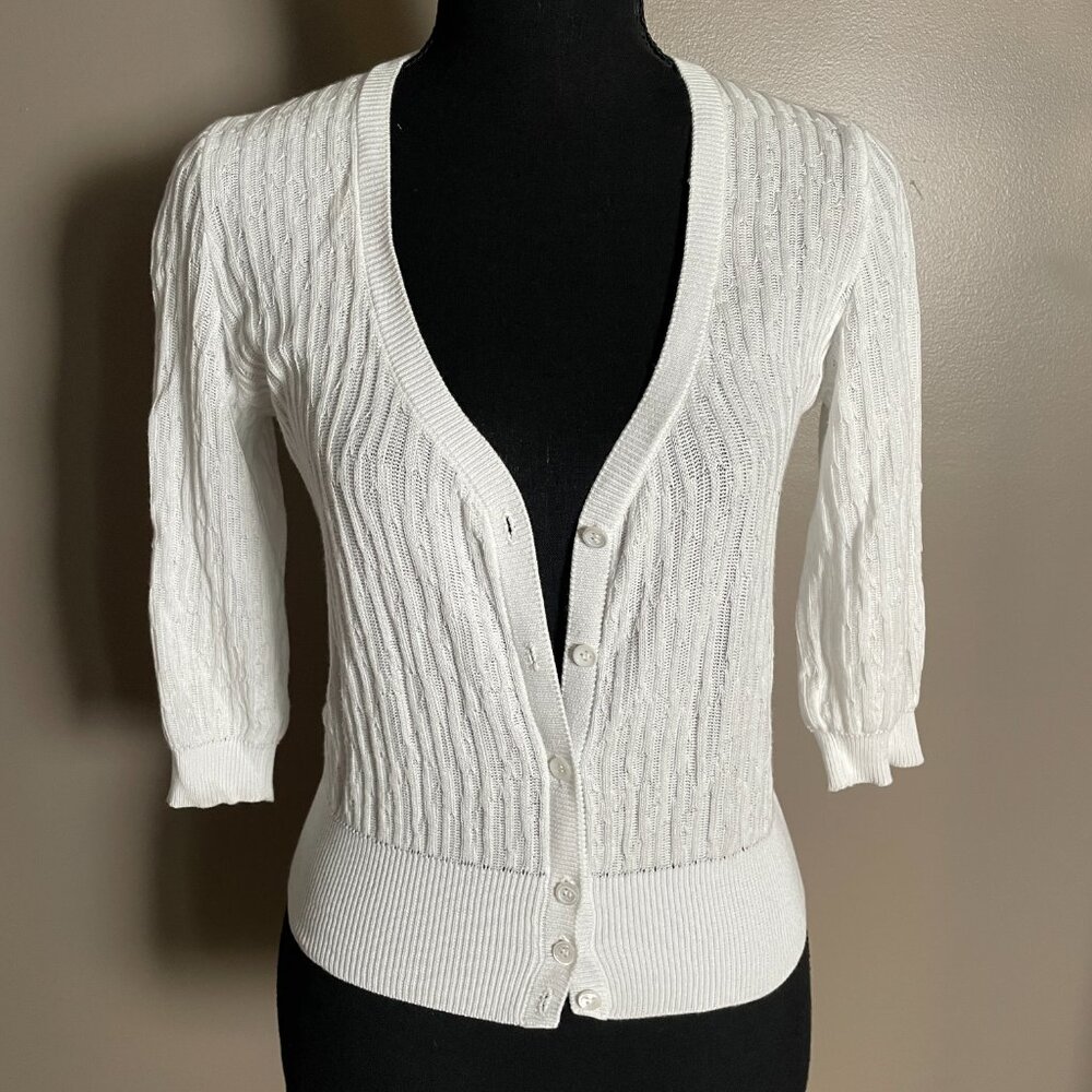 LA VIA Made in Italy White Cotton Pointelle Cardigan Size M